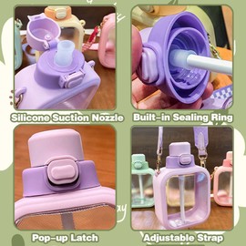 Kawaii Water Bottle for Girls Cute Water Bottles with Straw, Portable Leak Proof Square Kawaii Water Bottle with Stickers and Adjustable Strap - for Outdoor Sports Travel, BPA-Free, 24oz (Purple)