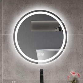 24" LED Round Bathroom Mirror with 3 Color Lights, Smart Lighted Vanity Mirrors with Defog Function, Dimmable Wall Mirrors for Wall, Tempered Glass, Shatter Proof, Matte White