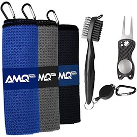 AMQPro Golf Towel, 3 Microfiber Waffle Pattern Golf Towels, Each Golf Towel with Clip, Golf Brush, Golf Towels for Golf Bags, Golf Bag Towel with Golf Divot Tool.