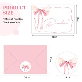 Calkkrer 10 Stück Rosa Schleifen Danke Karten mit Umschlägen & Stickers, Leere Pink Note Cards, 10 x 15 cm Geeignet für Hochzeit, Babyparty, Lehrer, Danksagung