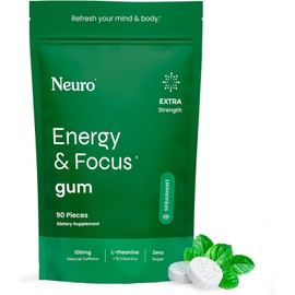 NeuroGum Extra Strength Energy & Focus Gum (90 Count Bag, Spearmint) | 100mg Natural Caffeine + L-Theanine + Vitamin B12 & B6 + Xylitol | Sugar Free Nootropic Cognitive Brain Performance Supplement