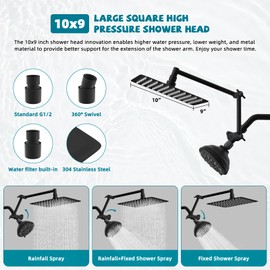 All Metal Shower Head, 10" High Pressure Dual Rainfall/Handheld Shower Head Combo with 16" Adjustable Shower Extension Arm, 7 Spray Modes Fixed Showerhead, 3-Way Diverter Valve, Matte Black