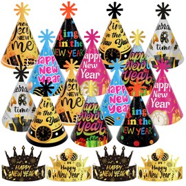 DPKOW 18pcs 2025 New Year Party Hats Headwear New Year Cone Crown Hat for 2025 New Year Party Favors Photo Props Accessories