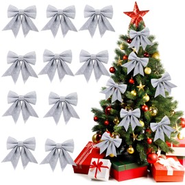 ACTOYS Pack of 10 Glitter Christmas Tree Bows, Gift Bows, Red Bows Christmas, Large Bow, Decorative Christmas (14 x 12 cm)