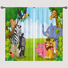YUANZU Animal Curtains W28 x L48 Inch Rod Pocket Kids Jungle Safari Wildlife Zoo Elephant Giraffe Lion Print Pattern Privacy Fabric Window Drapes for Boys Bedroom Nursery Baby Playroom 2 Panels