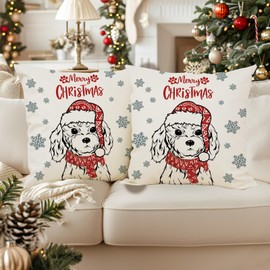 QIONG MENG Christmas Pillow Covers 18x18 Inch Set of 2 Poodle Christmas Decorations Pillowcase Xmas Dog Throw Pillow Covers Home Sofa Living Room Decorative Cushion Case