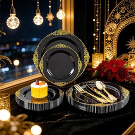 125PCS Black and Gold Plastic Plates - Black Disposable Dinnerware Set - Vintage Plastic Plates with Gold Silverware for 25 Guests for Wedding Party