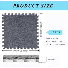 12 pcs Shaggy Soft EVA Foam Interlocking Carpet Fluffy Rugs Protective Floor Tiles Sport Play mats for Home Parlor, Bedroom, Children Kids Room (Grey)