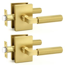 2 Pack Gold Door Handle, Knurled Passage Door Handles for Hallway and Closet, Brushed Brass Door Handles Interior, Keyless Modern Door Lever for Left Right Handed, Smooth Turn Action