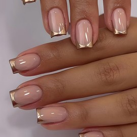Gold French Tip Press on Nails Medium Square Fake Nails Nude Pink with Glitter Design Full Cover Artificial Glue on Nails Luxury False Nails Stick on Nails for Women DIY Nails Art Decoration 24Pcs