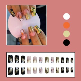 24 Pcs RIICFDD Square Fake Nails - Cute Snowman & Snowflake Designs, Gold Glitter, Full Cover, Glossy Christmas Nails for Women & Girls