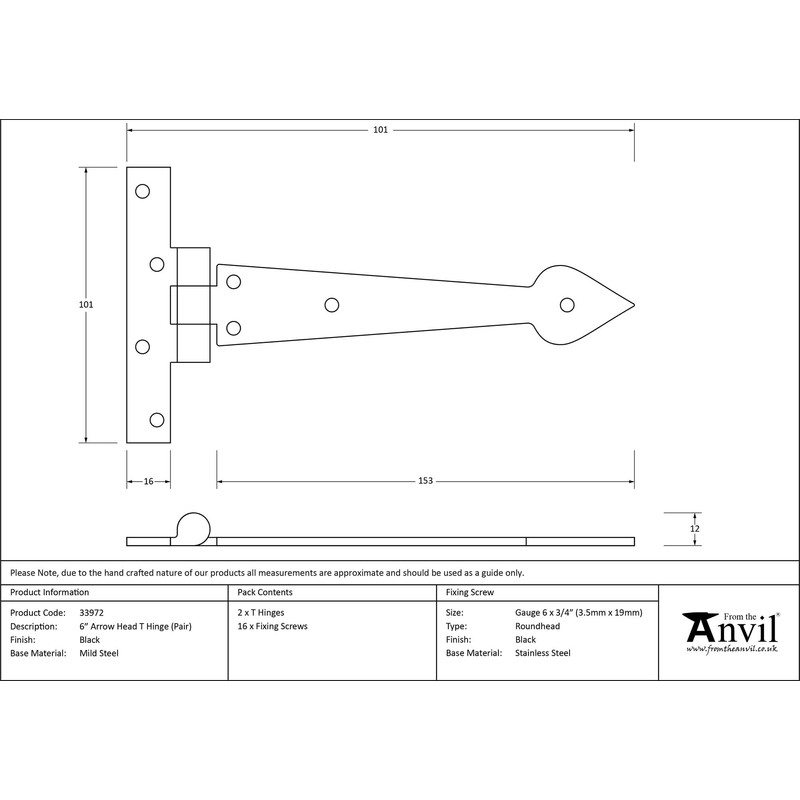 From The Anvil Black 6 Inch Arrow Head T Hinge
