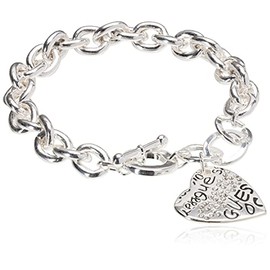 GUESS "Basic" Silver and Crystal Graffiti Heart Toggle Charm Bracelet