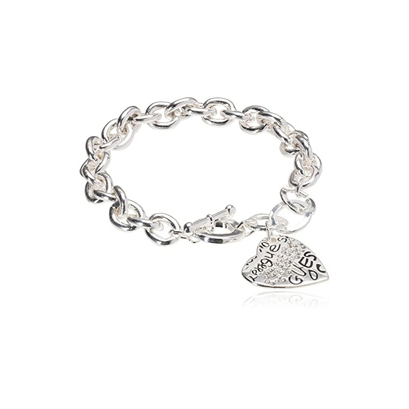 GUESS "Basic" Silver and Crystal Graffiti Heart Toggle Charm Bracelet