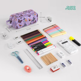 Choco Mocha Soft Pencil Case for Girls, Large Zipper Pencil Pouch for Girls with 2 Compartments School Pencil Bag Butterfly Pencil Box for Kids, Purple