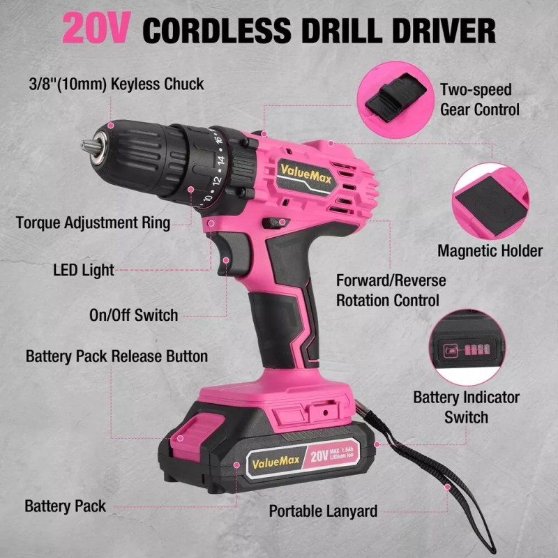 ValueMax Cordless Drill Driver Set 18+1 Torque Settings Magnetic w/Keyless