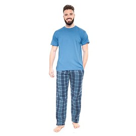 Mens Short Sleeve Pyjamas set Cotton Rich Top Brushed Fleece bottoms Top Pants PJ Pajamas Loungewear/Nightwear Gift (Azure/Blue - Large)