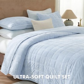 Hansleep Velvet Quilt King Size, Luxury Bedspread Bedding Set, Ultra Soft Coverlet Oversized for Bed, Lightweight Comforter with 2 Matching Pillow Shams for All Season, 108"x92", Light Blue