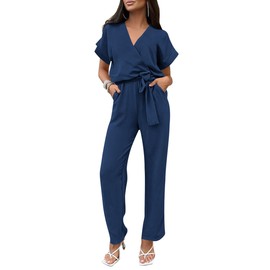 PRETTYGARDEN Women's One Piece Jumpsuits Dressy Casual Summer Short Sleeve Wrap V Neck Belted Wide Leg Pants Romper (Navy,Large)