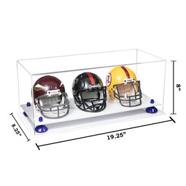 Better Display Cases Acrylic Three Mini - Miniature Football Helmets (not Full Size) Display Case with Clear Case, Dark Blue Risers and White Base 19.25" x 8.25" x 8" (V47/A103)