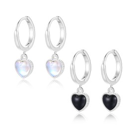 Yulovee White Gold Plated Dangle Hoop Earrings for Women Heart Drop Dangling Women Earrings with Black/Moonstone for Girls.