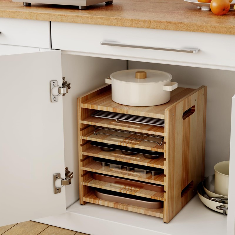 HAIDAIYA 7 Tiers Cookie Sheet Organizer for Cabinet, Wooden Tray