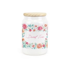 Purely Home Flower Border Ceramic Decaf Tea Storage Canister - Floral Artwork Kitchen Food Storage Container & Wooden Lid 600ml (14.5cm x 9.5cm)