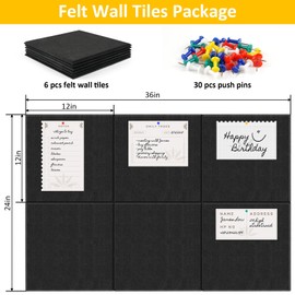 NIUBIER Bulletin Board, 36"×24" Felt Wall Tiles, 6 Pack Cork Boards for Office, Large Black Corkboard for Office Home (with 30 Pcs Push Pins) (Black)