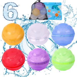 6Pcs Reusable Water Balloons For Kids Adults, Quick Fill Magnetic Silicone Water Balloons with Mesh Bag, Anti Slip Shell Design, Refillable Water Balloons for Summer Water Toys
