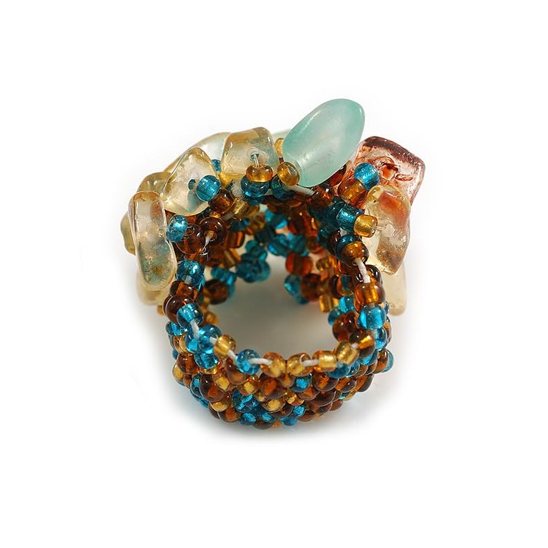 Avalaya Amber Brown/Teal/Sand Glass Bead Cluster Band Style Flex Ring