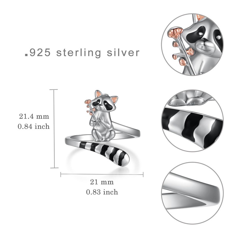 qielizhu Raccoon Ring 925 Sterling Silver Racoon Open Rings Adjustable