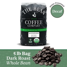The Bean Organic Coffee Company Water Processed DECAF Vanilla Bean, Medium Roast, Whole Bean Coffee, 5-Pound Bag