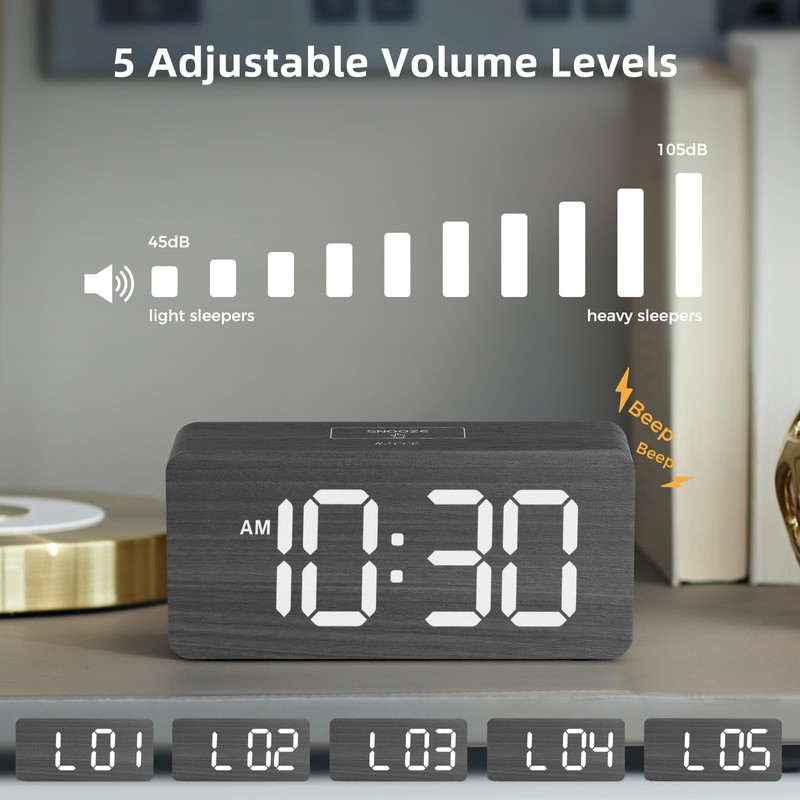 Wooden Digital Alarm Clocks for Bedrooms: Dimmable Dual Alarm Clock