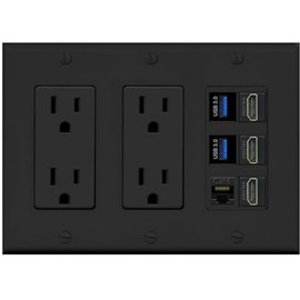 RiteAV 3 Port HDMI 2 Port USB 3.0 1 CAT6-RJ45 Wall Plate - 3 Gang 2 Outlet [Black/Black]