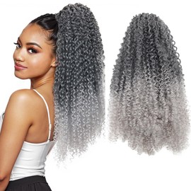 GOTEFERBE Kinky Curly Drawstring Ponytail Grey Afro Curl Synthetic Hair Extension Clip In Ponytail for Women Thick Natural Looking No Shedding Hairpiece 18 Inch