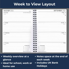 2026 A5 Week to View Diary - Wiro Bound Hardback Journal - Full Year Weekly Organiser Planner (Red 2026)