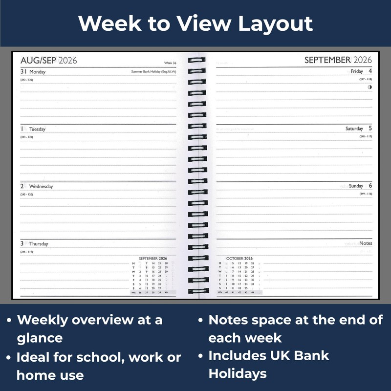 2026 A5 Week to View Diary - Wiro Bound Hardback