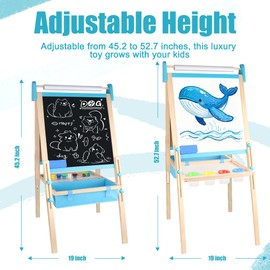 Ranqibo Wooden Adjustable Kids Easel, Learning Toy for Boys and Girls Aged 3-4 4-8 8-12, Wooden Blackboard & Magnetic Whiteboard & Drawing Paper Holder, 2 Drawing Paper Roll