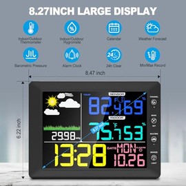 Weather Station Wireless Indoor Outdoor, 8.3 Inch Color Display Digital Clock, Outdoor Weather Stations Wireless with Remote Sensor, Clock, Dew Point,