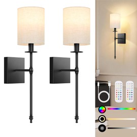 19.9 Inch Black Battery Operated Wall Sconces Set of 2, Rechargeable Wireless Wall Lights with Remote & White Fabric Shade, Indoor Not Hardwired Dimmable Wall Lamps for Living Room, 2 Bulbs Included