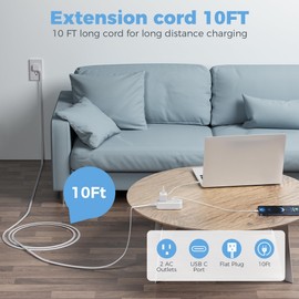 Flat Plug Extension Cord 10 FT, TESSAN Flat Power Strip with 3 USB Ports(1 USB C) and 2 Outlets, Small Multi Outlets Charging Station for Cruise Essentials, Dorm Room Essentials, Home, Office Gray