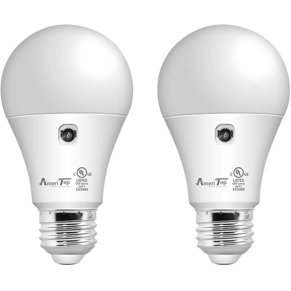 Dusk to Dawn Light Bulb- 2 Pack, AmeriTop A19 LED Sensor Light Bulbs; UL Listed, Automatic On/Off, 800 Lumen, 10W(60 Watt Equivalent), E26 Base, Indoor/Outdoor Lighting Bulb (5000K Daylight)