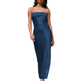 Realtix Satin Silk Backless Tube Tops Maxi Dress for Women Low Back Hollow Out Elegant Strapless Long Dresses Wedding Guest Navy