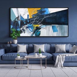 KLAKLA Large Abstract Canvas Wall Art for Living Room - Blue and white Framed Wall Decor Living Room Picture Artwork for Office Bedroom Decorative Paintings