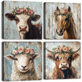Farmhouse Animals Wall Art Highland Cow Decor for Kitchen Rustic Flowers Cow Sheep Horse Canvas Pictures Country Farm Animal Paintings Artwork for Bathroom Living Room Home Decorations 12x12" 4Pcs