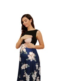 H&JOY Women Maternity Nursing Dress Midi Floral Dress Pregnancy Breastfeeding Maternity Summer Dress(Blue,2XL)