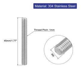 sourcing map 4Pcs Fully Threaded Rod, M6 x 45mm 304 Stainless Steel Right Hand Thread Bar Studs M6-1 Thread Pitch for Furniture Machinery Assembly