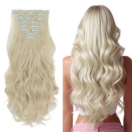 SEGO Pro Clip in Hair Extensions 8 Pcs 18 Clips Full Head Synthetic Fiber Hair Pieces for Women, Curly 17 Inch (Bleach Blonde)