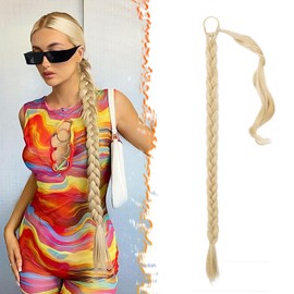 BARSDAR 30 Inch Long Braided Ponytail Extension with Hair Tie - Straight Sleek Wrap Around Blonde Braided Ponytail Hair Extensions - Synthetic Pony Tails Hairpieces for Women - Beige Blonde Mix