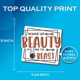 Wake Up Beauty It's Time to Beast - Funny Gym Rat Fitness Workout Stickers - Premium Quality Vinyl Bumper Stickers 2-Pack | 5-Inch on Widest Side | Made in USA - FHJ528
